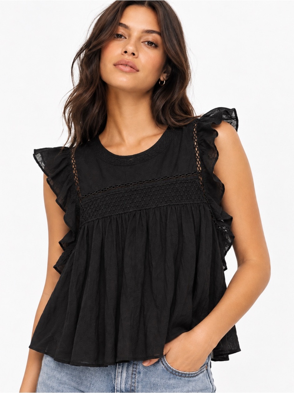 NWT Sunday Best Paloma Blouse Black Ruffle Lace Detail Top Size Small